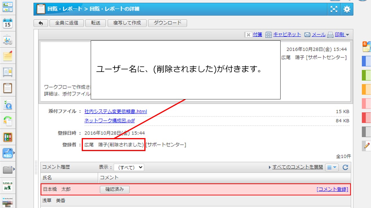 作成者や登録者のユーザー名に、(削除されました)と表示されています ...